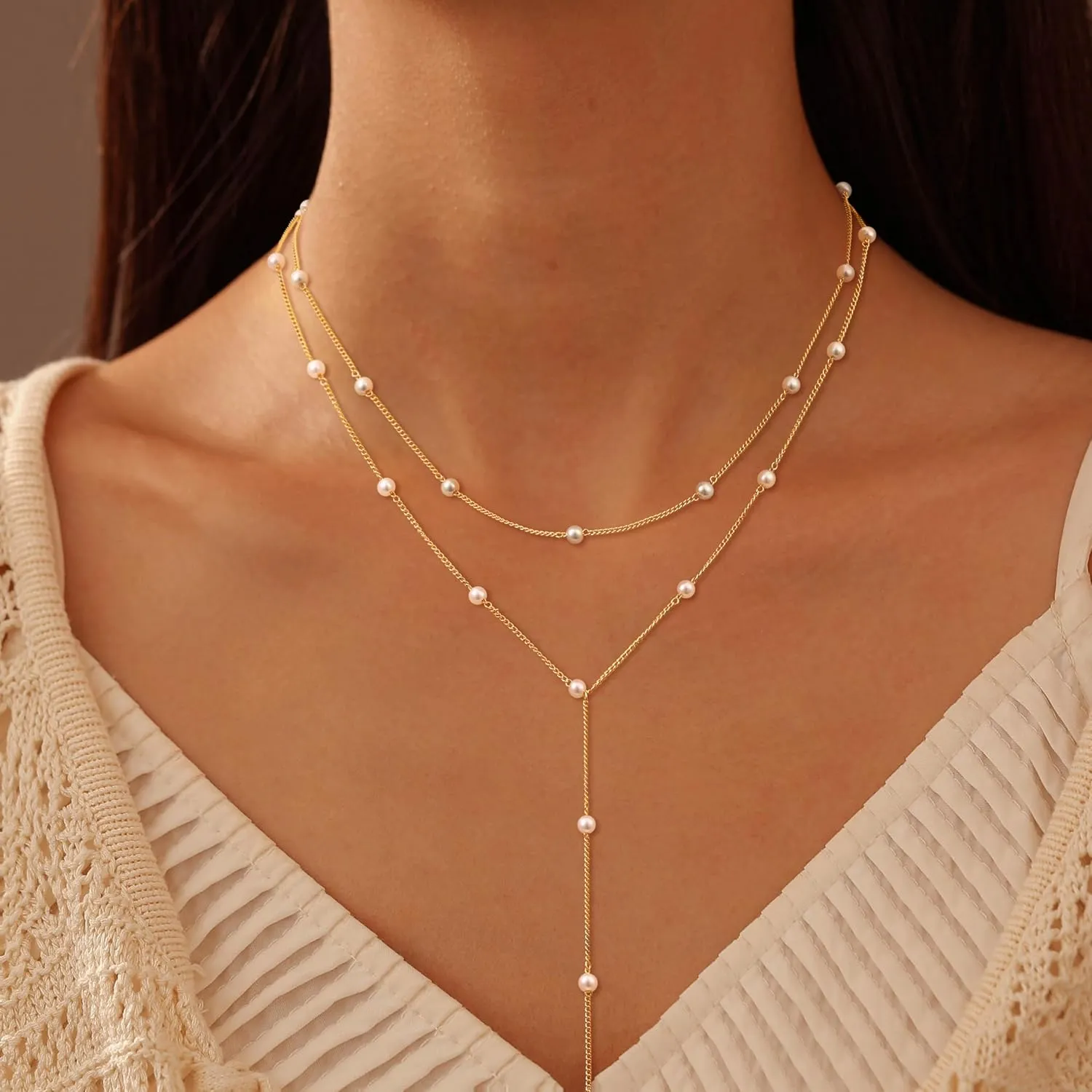 Gold/Silver Plated Necklace for Women, Dainty Layered Long Necklaces for Women Trendy Simple Beaded Chain Y Necklace Waterproof Jewelry Gifts