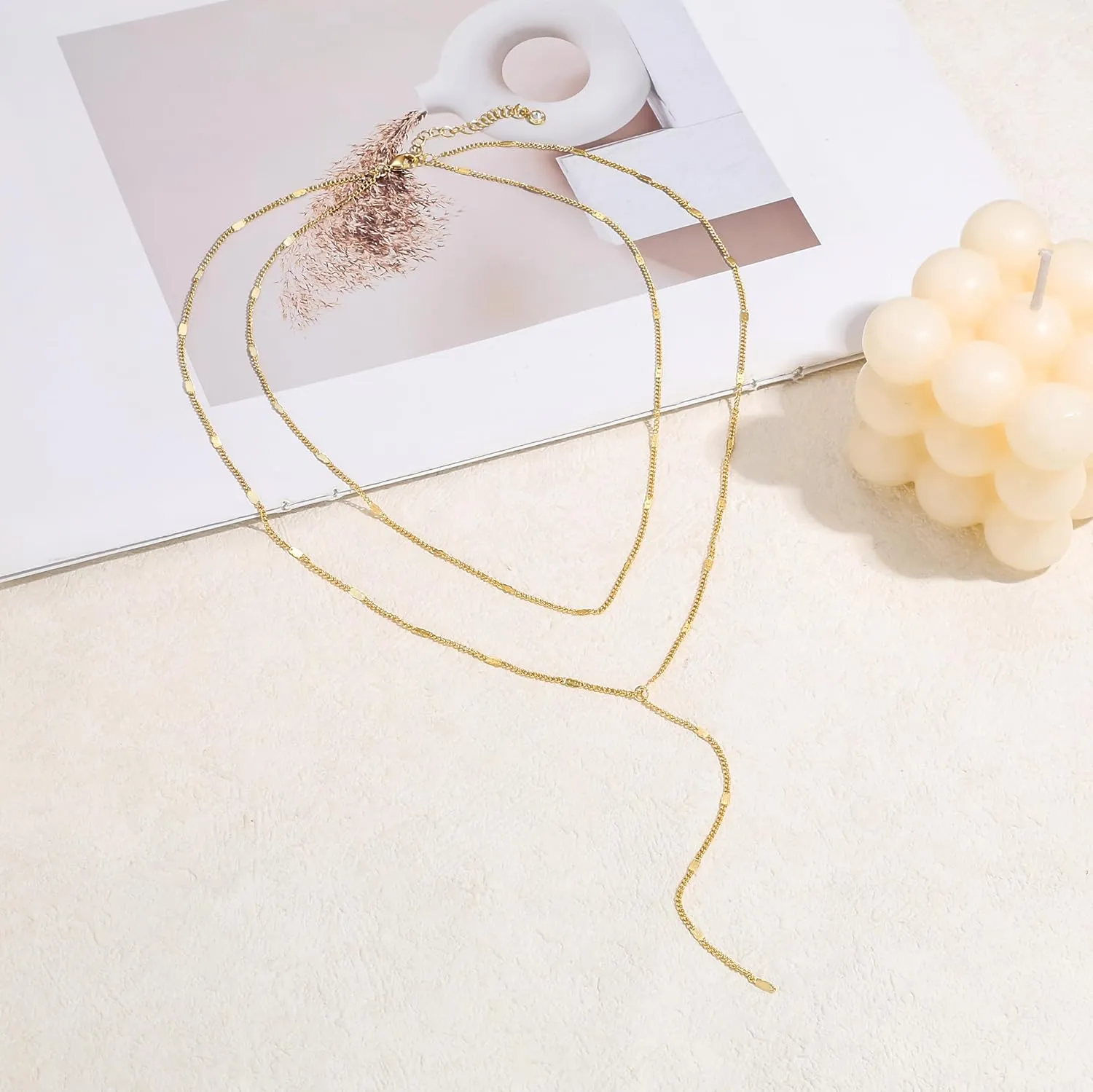 Gold/Silver Plated Necklace for Women, Dainty Layered Long Necklaces for Women Trendy Simple Beaded Chain Y Necklace Waterproof Jewelry Gifts