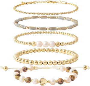 GOOJIDS Tiny Pearl Gold Heart Beaded Bracelets For Women Dainty Gold Plated Pearls Stack Layered Beads Bracelet Gift set for MAMA Birthday Mother's Day
