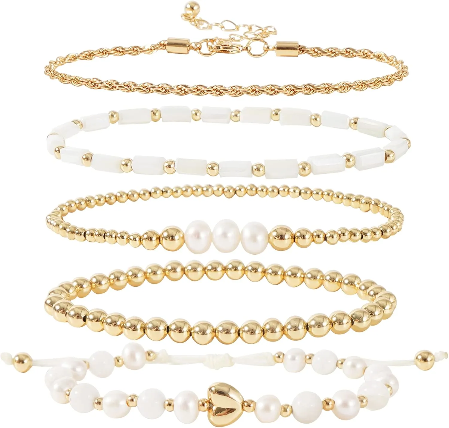 GOOJIDS Tiny Pearl Gold Heart Beaded Bracelets For Women Dainty Gold Plated Pearls Stack Layered Beads Bracelet Gift set for MAMA Birthday Mother's Day