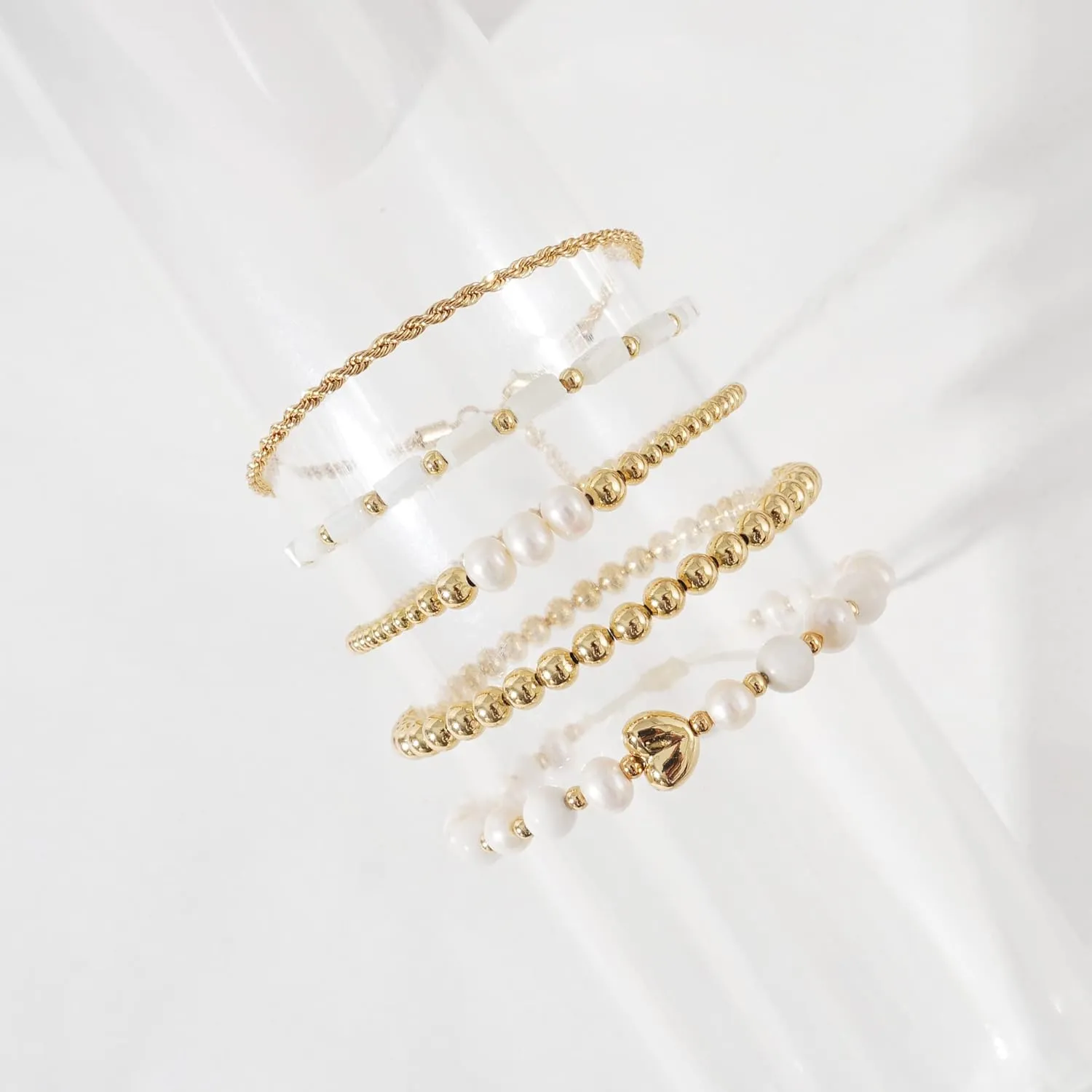 GOOJIDS Tiny Pearl Gold Heart Beaded Bracelets For Women Dainty Gold Plated Pearls Stack Layered Beads Bracelet Gift set for MAMA Birthday Mother's Day