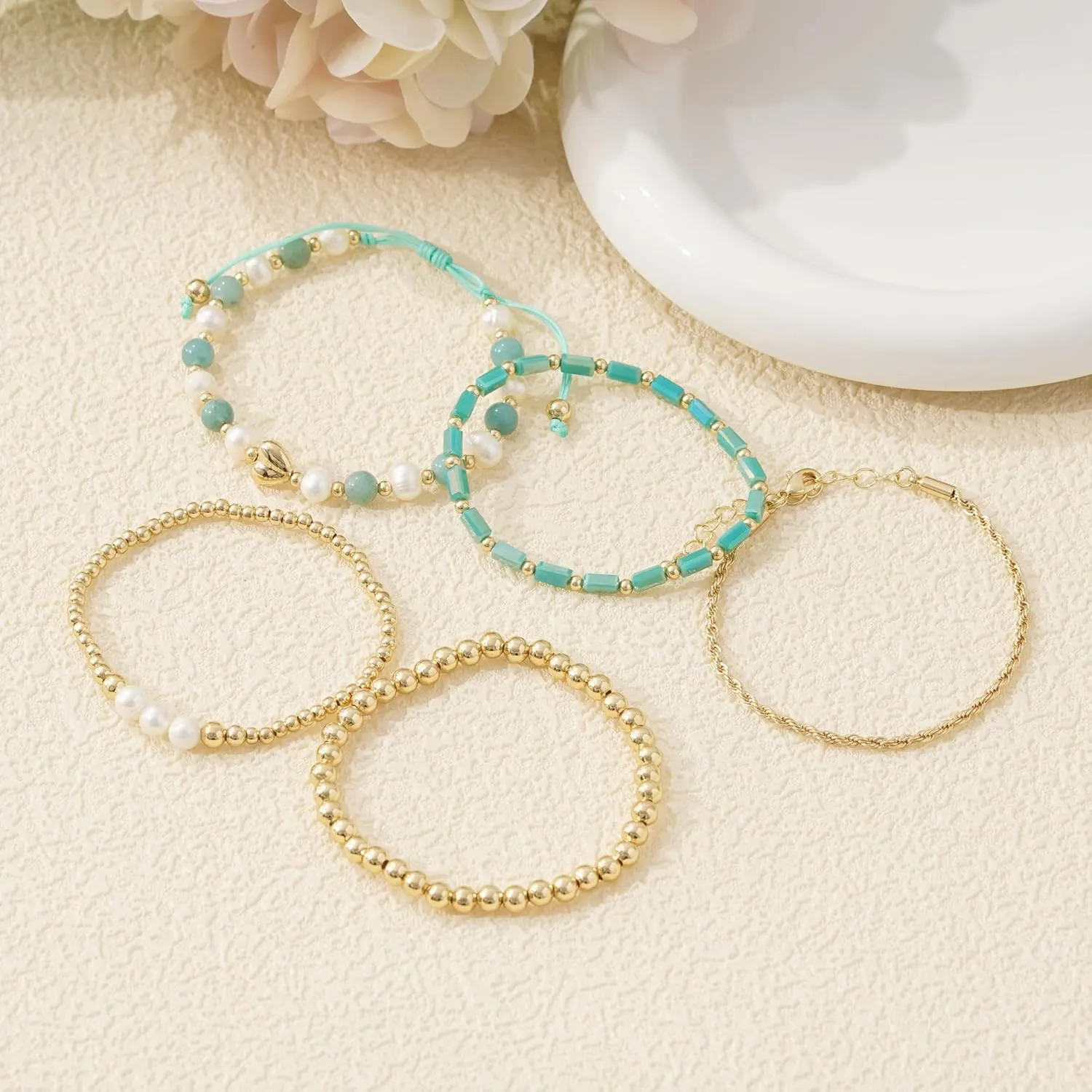 GOOJIDS Tiny Pearl Gold Heart Beaded Bracelets For Women Dainty Gold Plated Pearls Stack Layered Beads Bracelet Gift set for MAMA Birthday Mother's Day