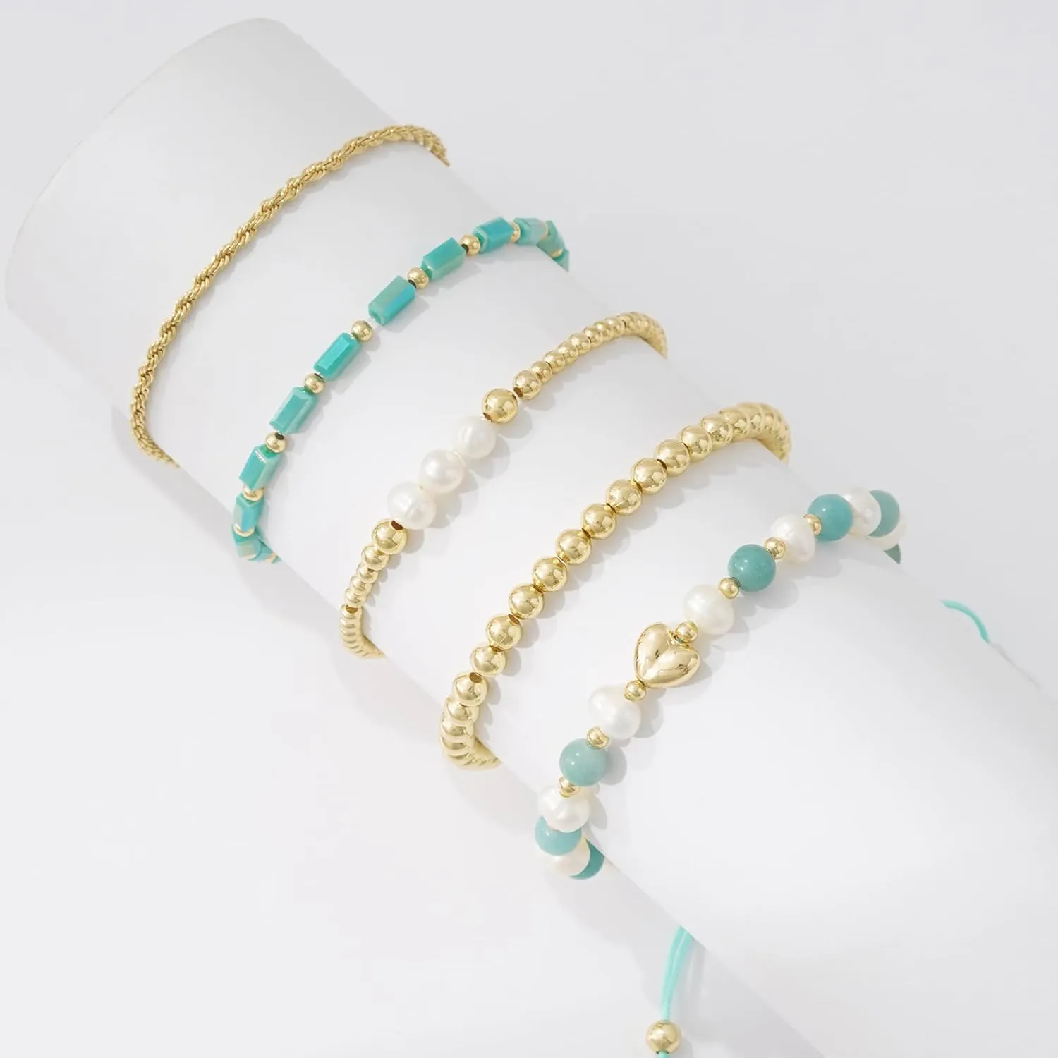 GOOJIDS Tiny Pearl Gold Heart Beaded Bracelets For Women Dainty Gold Plated Pearls Stack Layered Beads Bracelet Gift set for MAMA Birthday Mother's Day