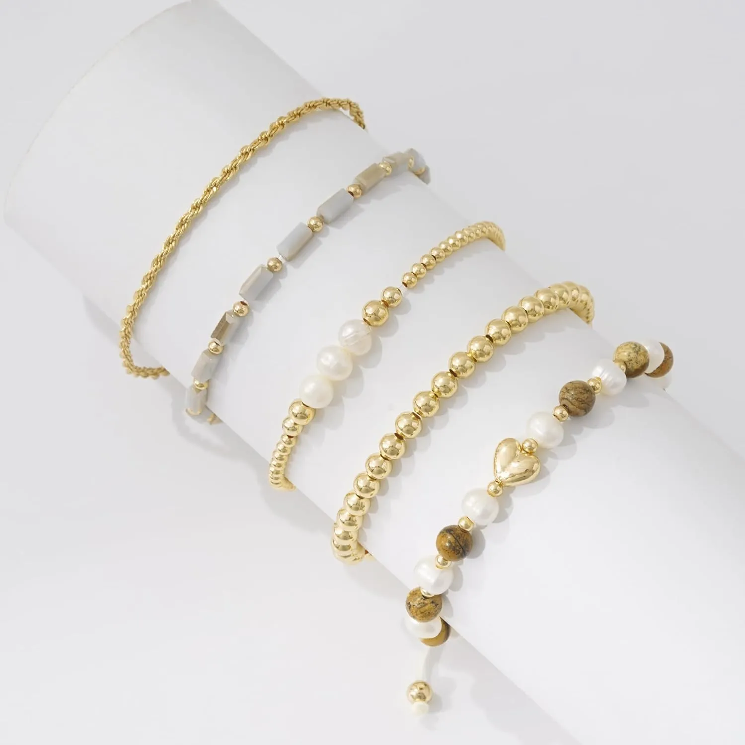 GOOJIDS Tiny Pearl Gold Heart Beaded Bracelets For Women Dainty Gold Plated Pearls Stack Layered Beads Bracelet Gift set for MAMA Birthday Mother's Day