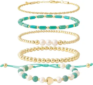 GOOJIDS Tiny Pearl Gold Heart Beaded Bracelets For Women Dainty Gold Plated Pearls Stack Layered Beads Bracelet Gift set for MAMA Birthday Mother's Day