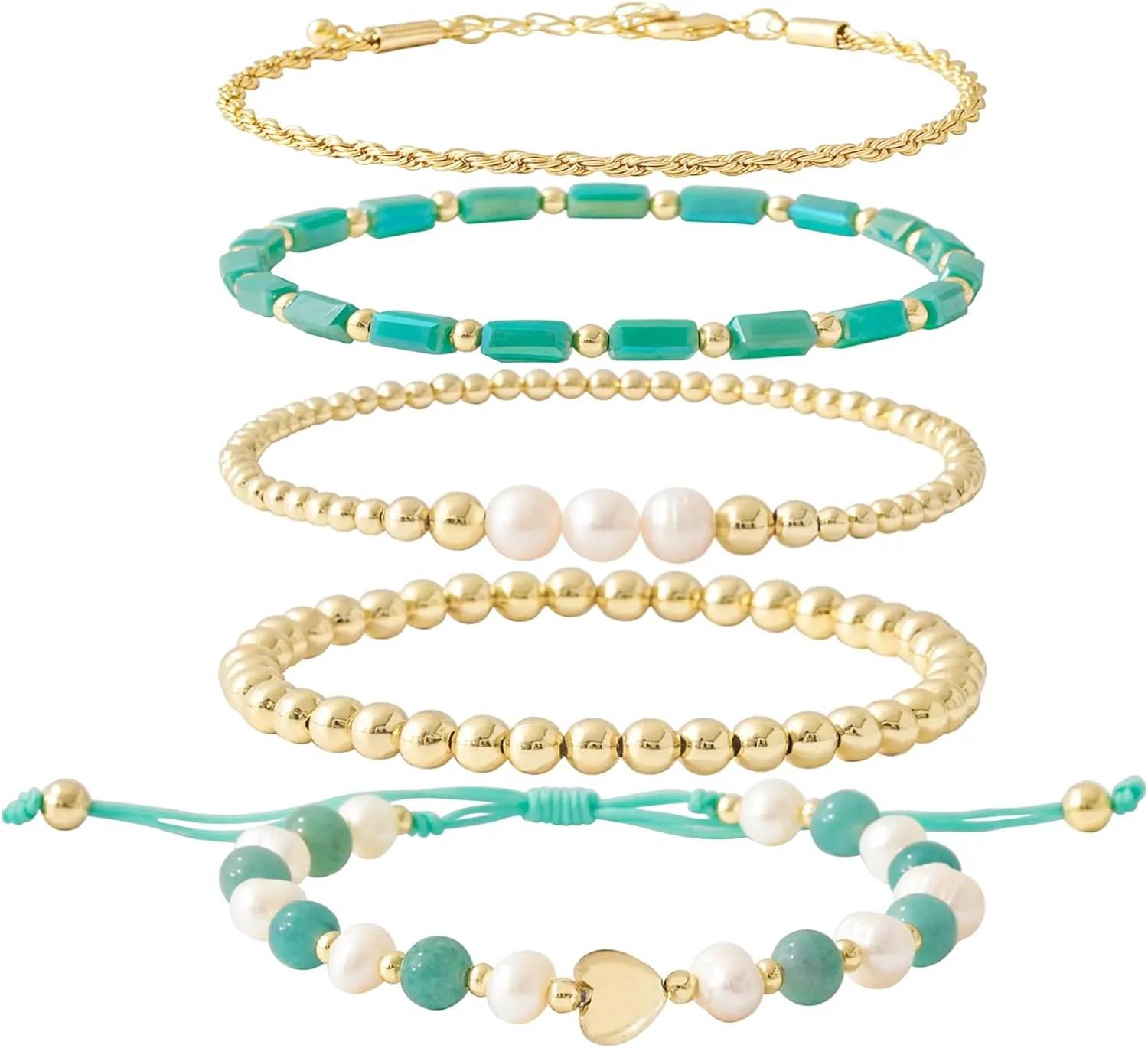 GOOJIDS Tiny Pearl Gold Heart Beaded Bracelets For Women Dainty Gold Plated Pearls Stack Layered Beads Bracelet Gift set for MAMA Birthday Mother's Day