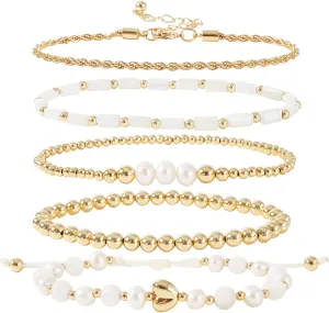 GOOJIDS Tiny Pearl Gold Heart Beaded Bracelets For Women Dainty Gold Plated Pearls Stack Layered Beads Bracelet Gift set for MAMA Birthday Mother's Day