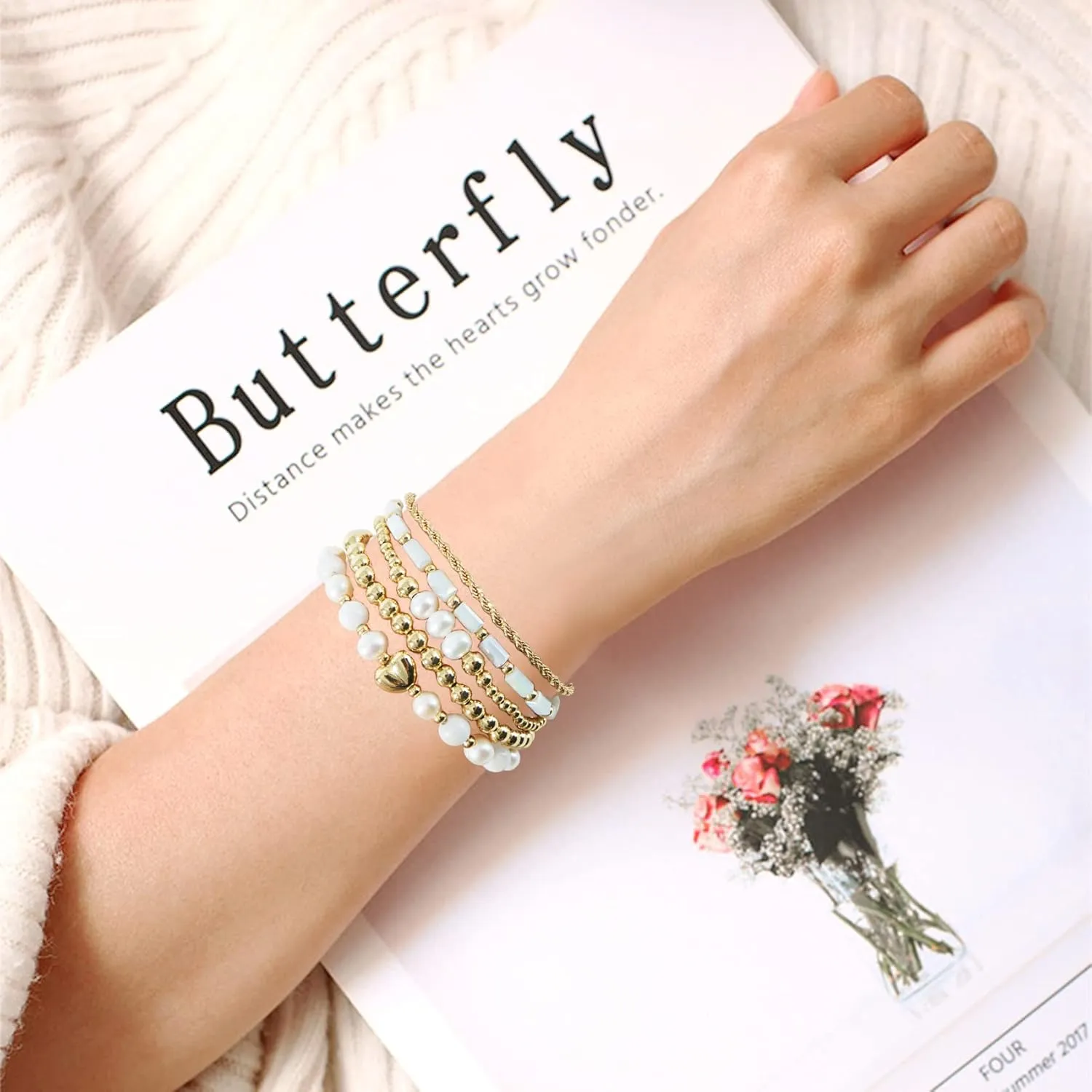 GOOJIDS Tiny Pearl Gold Heart Beaded Bracelets For Women Dainty Gold Plated Pearls Stack Layered Beads Bracelet Gift set for MAMA Birthday Mother's Day