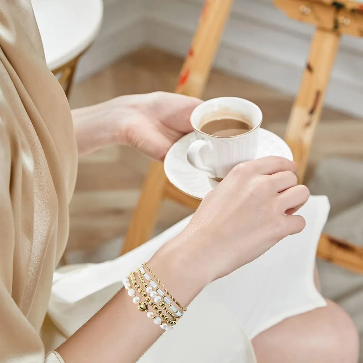 GOOJIDS Tiny Pearl Gold Heart Beaded Bracelets For Women Dainty Gold Plated Pearls Stack Layered Beads Bracelet Gift set for MAMA Birthday Mother's Day