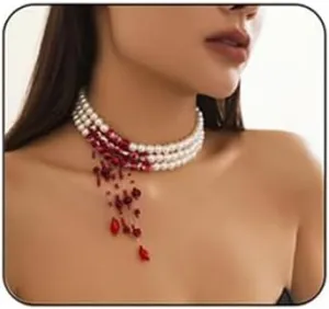 Gothic Blood Pearl Necklace for Women, Adjustable Dripping Blood Choker Layered Bleeding Pearls Necklaces Punk Bloody Tassel Clavicle Halloween Jewelry