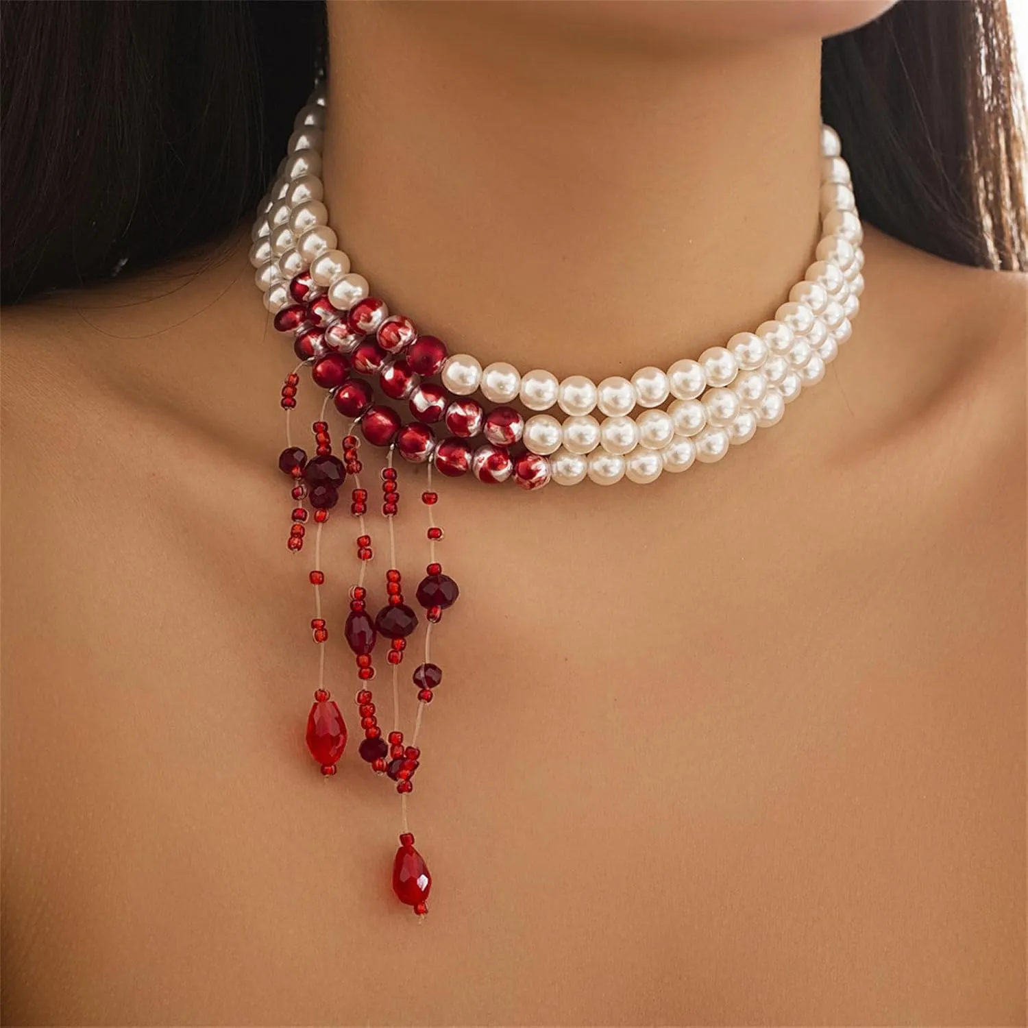 Gothic Blood Pearl Necklace for Women, Adjustable Dripping Blood Choker Layered Bleeding Pearls Necklaces Punk Bloody Tassel Clavicle Halloween Jewelry