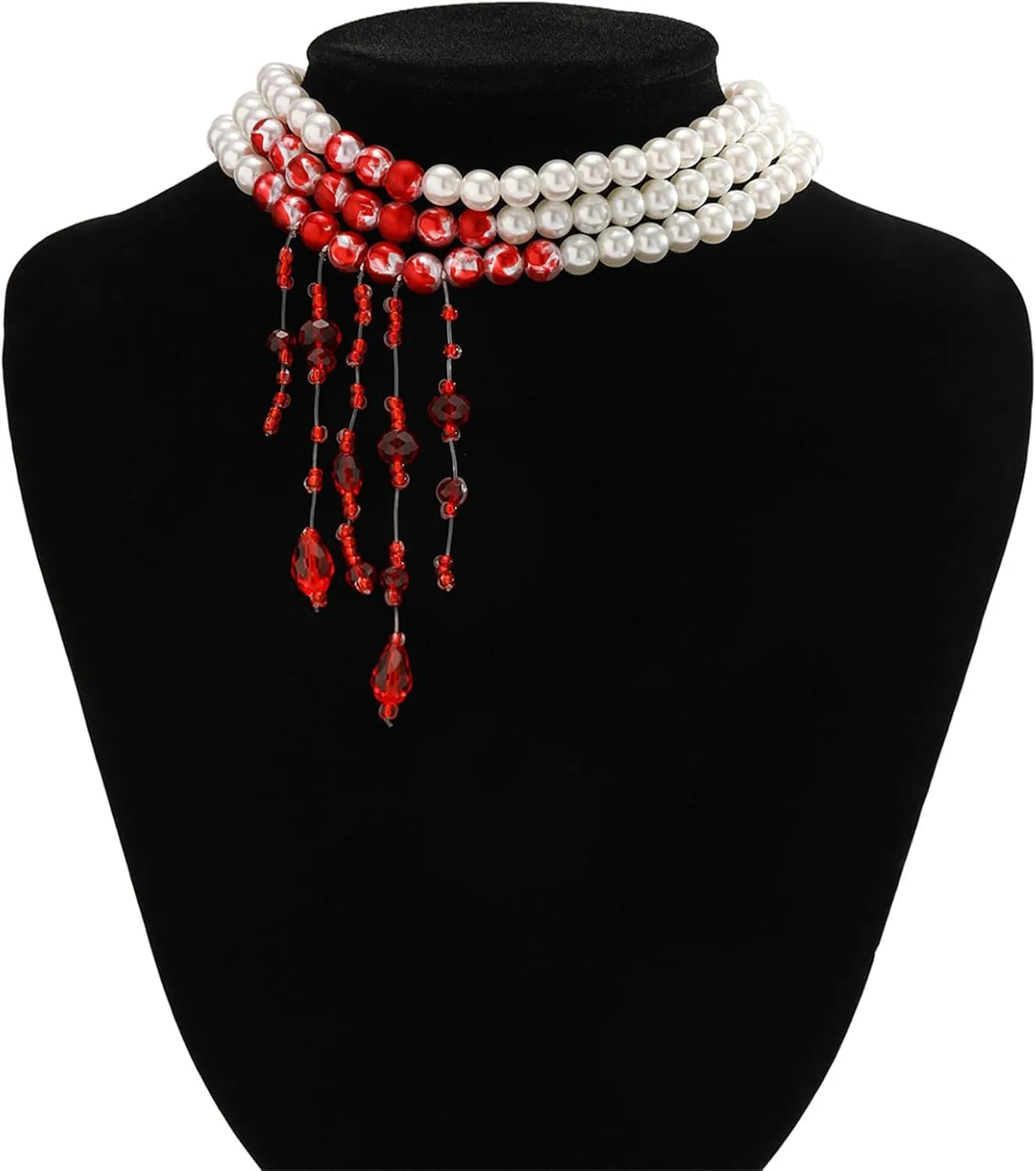 Gothic Blood Pearl Necklace for Women, Adjustable Dripping Blood Choker Layered Bleeding Pearls Necklaces Punk Bloody Tassel Clavicle Halloween Jewelry