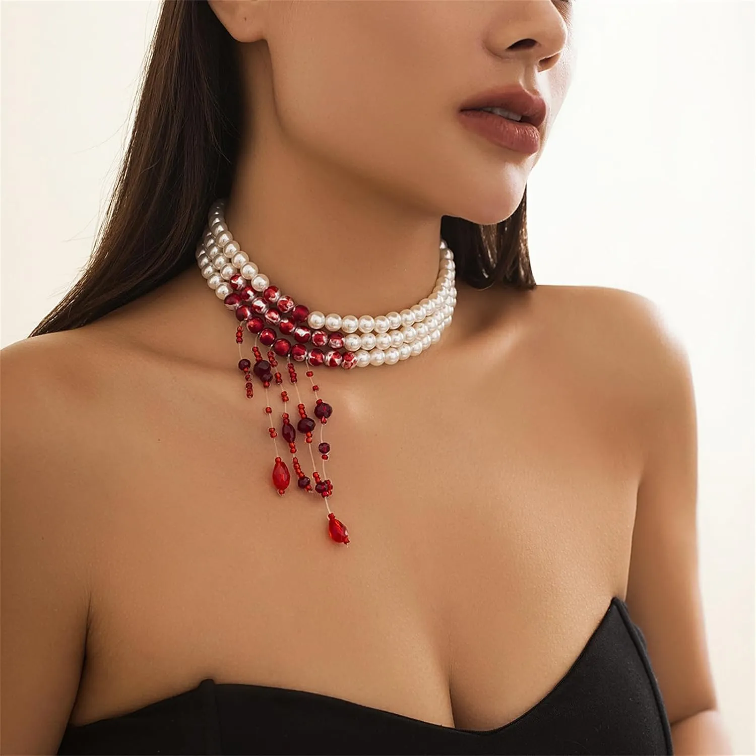 Gothic Blood Pearl Necklace for Women, Adjustable Dripping Blood Choker Layered Bleeding Pearls Necklaces Punk Bloody Tassel Clavicle Halloween Jewelry