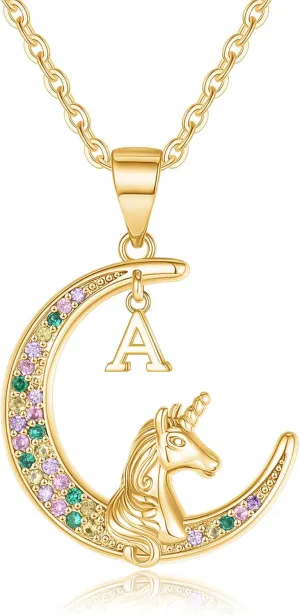 Graduation Gifts for Daughter,Unicorn Necklace for Girls, Colorful CZ Moon Pendant Initial Unicorn Necklaces for Girl Teens Little Girls Jewelry Birthday Gift