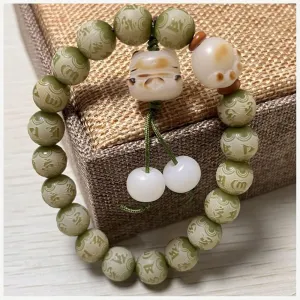 Green Bodhi Bracelet with Carved Six Character Proverbs, Charred Cat Claw Cat Beads Bracelet, Meditation Prayer Bracelets
