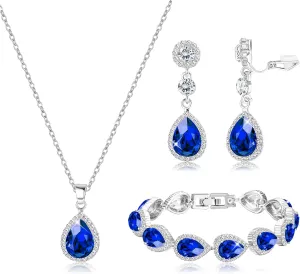 HAIAISO Bridal Jewelry Set Wedding Crystal Necklace Bracelet Clip On Earrings Rhinestone Pendant Teardrop Dangle Clip On Earrings Prom Bridal Party Bridesmaid Jewelry Set for Women