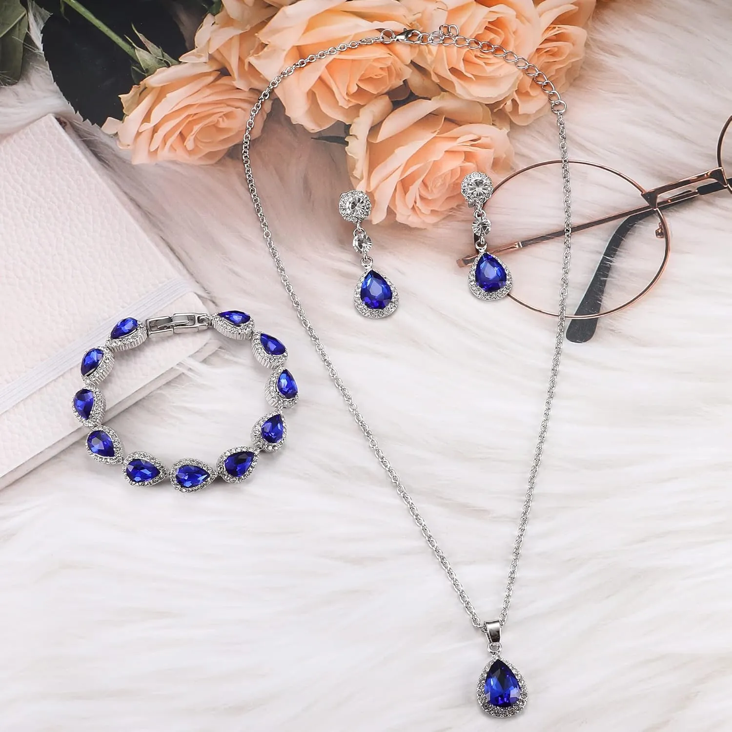 HAIAISO Bridal Jewelry Set Wedding Crystal Necklace Bracelet Clip On Earrings Rhinestone Pendant Teardrop Dangle Clip On Earrings Prom Bridal Party Bridesmaid Jewelry Set for Women