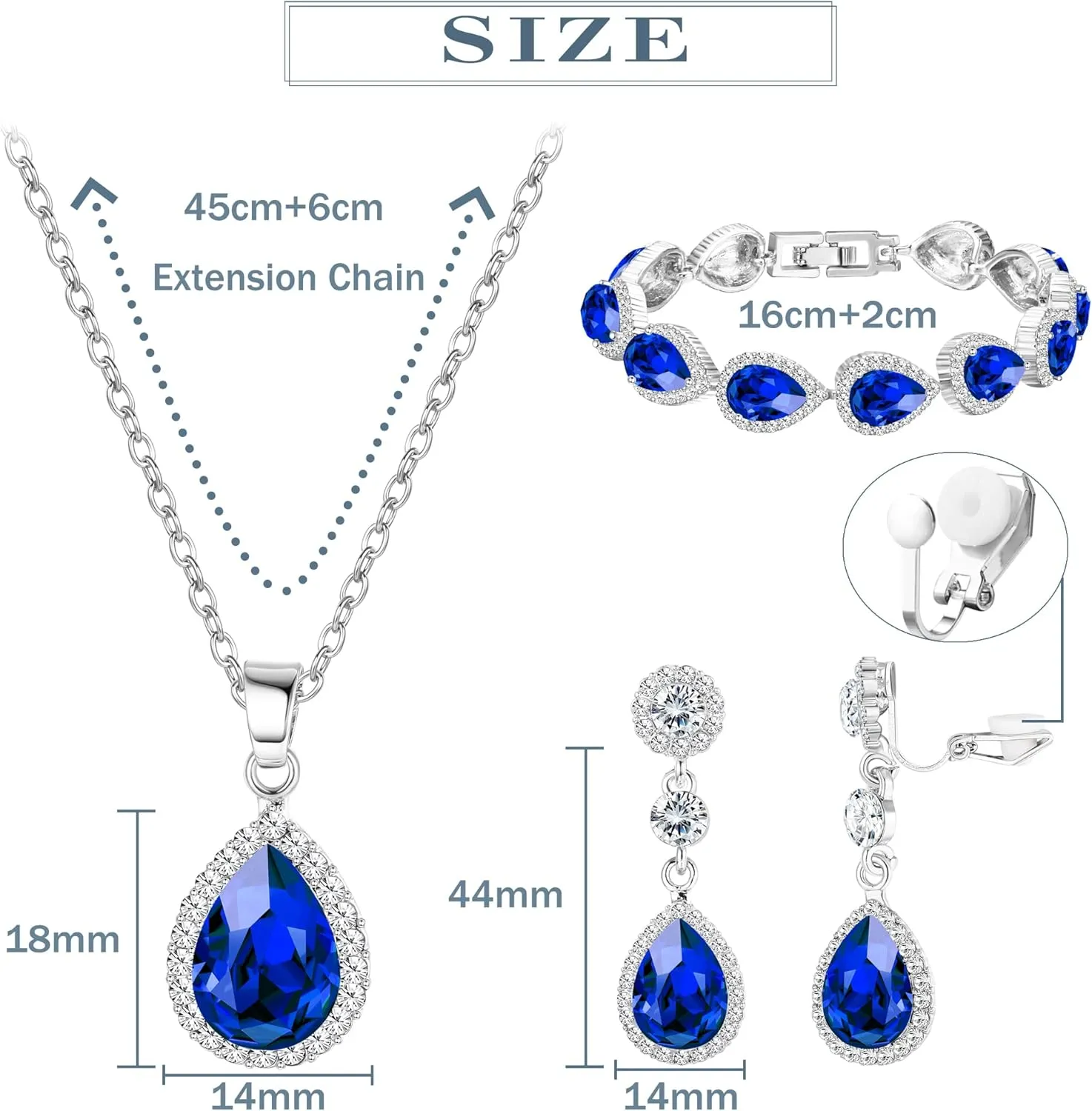 HAIAISO Bridal Jewelry Set Wedding Crystal Necklace Bracelet Clip On Earrings Rhinestone Pendant Teardrop Dangle Clip On Earrings Prom Bridal Party Bridesmaid Jewelry Set for Women