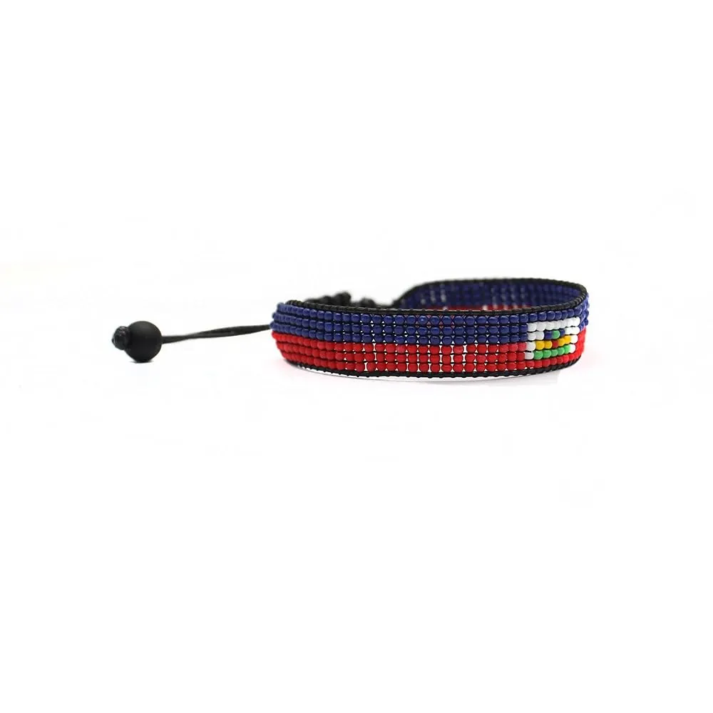 Haiti Flag Bracelet: Handmade Bracelet,Adjustable Beaded Boho-Style Rope Bangle with Patriotic Design