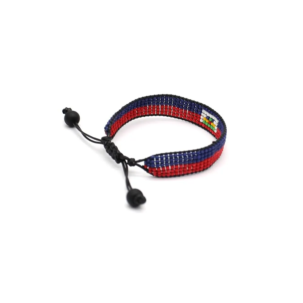 Haiti Flag Bracelet: Handmade Bracelet,Adjustable Beaded Boho-Style Rope Bangle with Patriotic Design