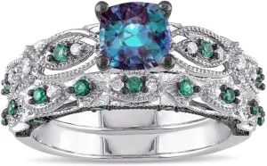Handmade Real 925 Sterling Silver 14K White Gold Plated Round & Cushion Cut White Diamond, Alexandrite & Green Emerald Gemstone Bridal Ring Set Jewelry Christmas Gifts for Women