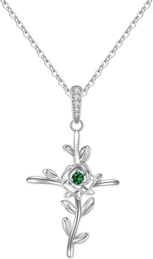 Handmade Real 925 Sterling Silver 14K White Gold Plated Round Cut White Diamond & Emerald Gemstone Valentine's day Special Beautiful Rose Flower Jesus Christ Cross Pendant Necklace Jewelry Valentine's Day Gifts for Women