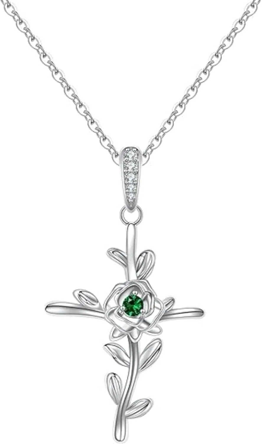 Handmade Real 925 Sterling Silver 14K White Gold Plated Round Cut White Diamond & Emerald Gemstone Valentine's day Special Beautiful Rose Flower Jesus Christ Cross Pendant Necklace Jewelry Valentine's Day Gifts for Women