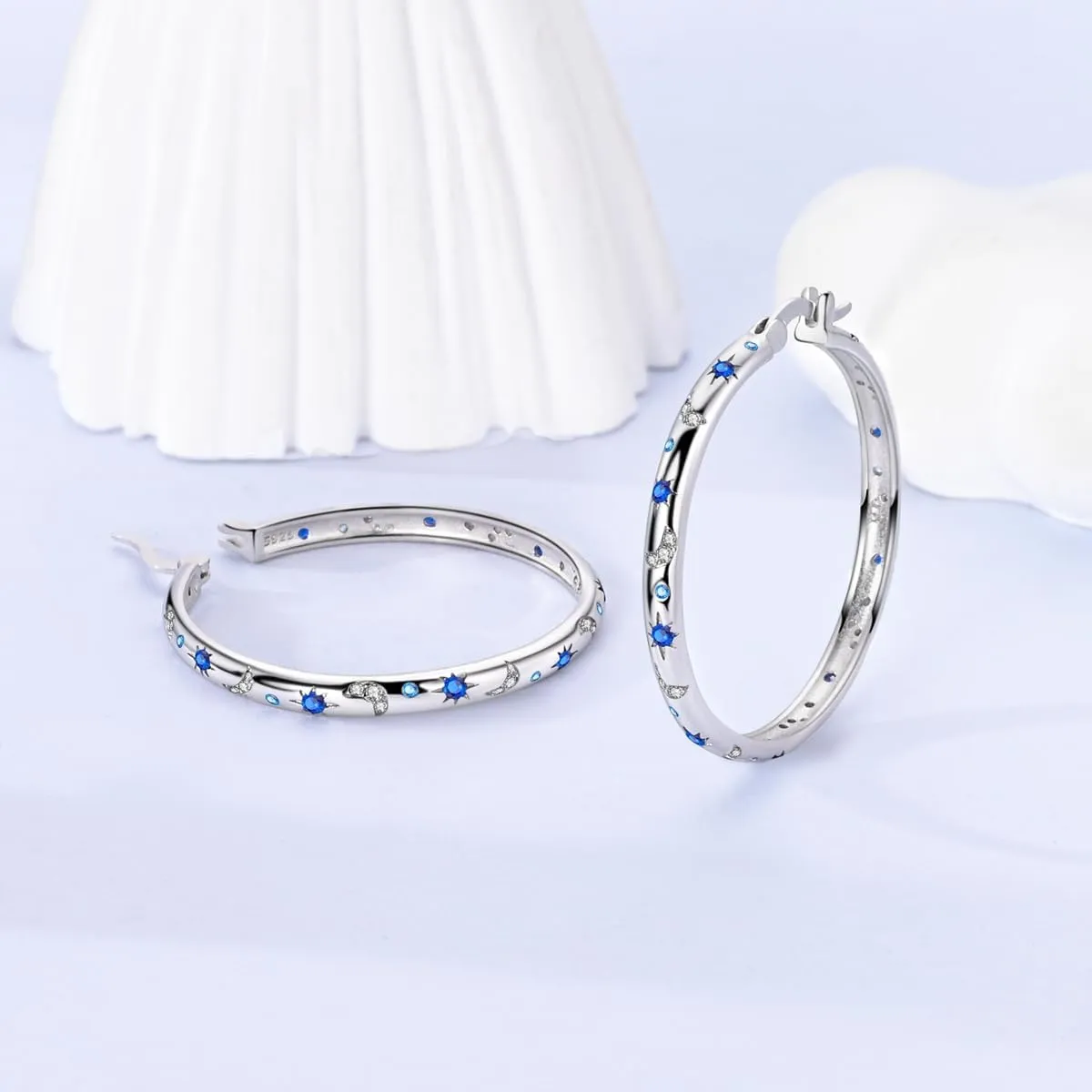 Hapour Sterling Silver Cubic Zirconia Hoop Earrings for Women Teen, Hypoallergenic Rhinestone Earrings Sparkly Crystal Moon Star Hoops