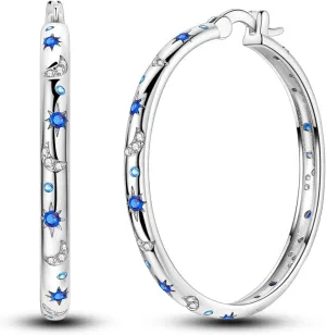 Hapour Sterling Silver Cubic Zirconia Hoop Earrings for Women Teen, Hypoallergenic Rhinestone Earrings Sparkly Crystal Moon Star Hoops