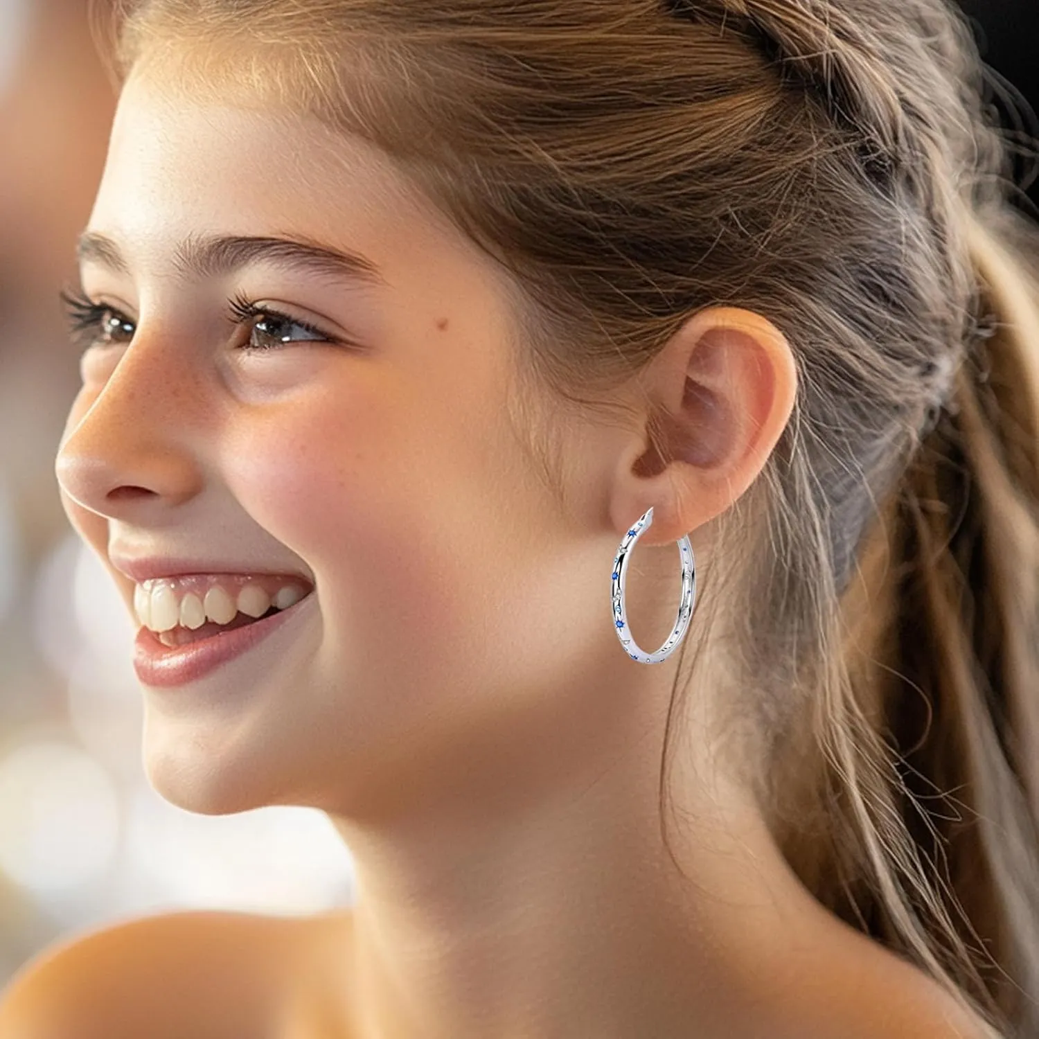 Hapour Sterling Silver Cubic Zirconia Hoop Earrings for Women Teen, Hypoallergenic Rhinestone Earrings Sparkly Crystal Moon Star Hoops