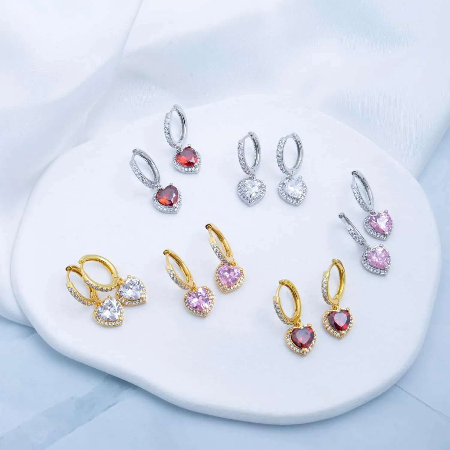 Heart Earrings Dangle Hoop Earrings for Women White Gold Plated Trendy Cubic Zirconia Bling Jewelry Hypoallergenic Valentines Day Earrings