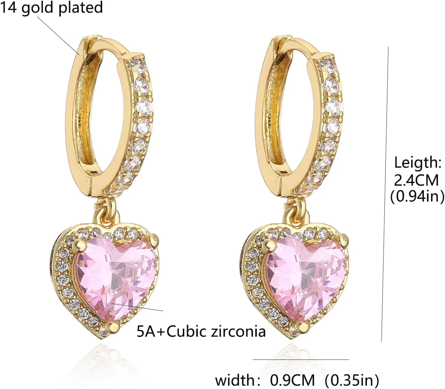 Heart Earrings Dangle Hoop Earrings for Women White Gold Plated Trendy Cubic Zirconia Bling Jewelry Hypoallergenic Valentines Day Earrings