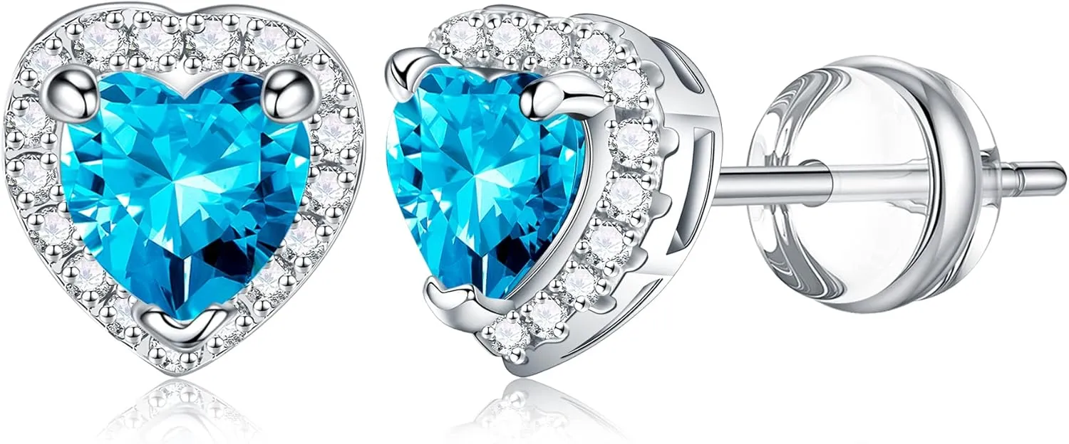 Heart Earrings for Women Girls - S925 Sterling Silver Heart Earrings Glittering Birthstone Earrings for Women Girls Hypoallergenic Earrings Birthday Gifts for Women Girls Teen Girls