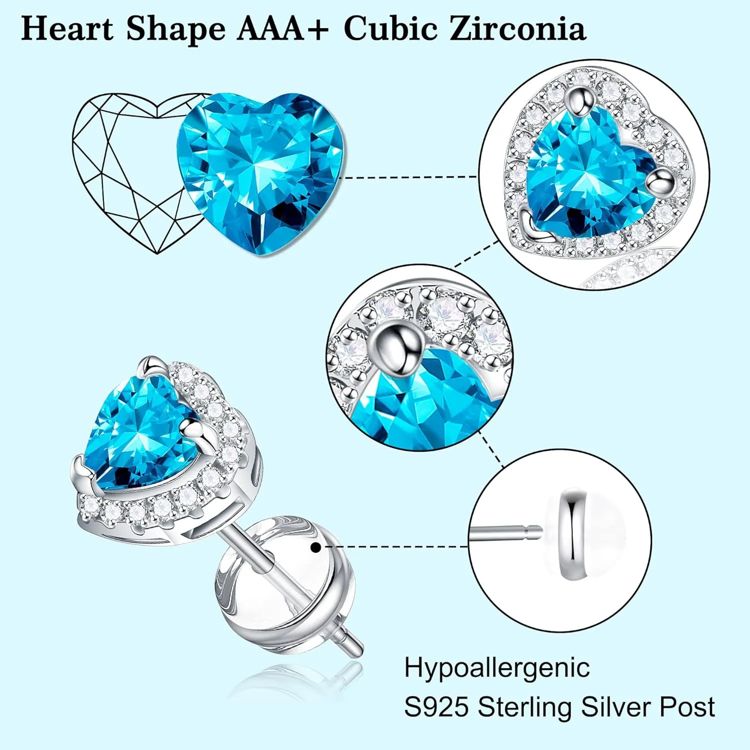 Heart Earrings for Women Girls - S925 Sterling Silver Heart Earrings Glittering Birthstone Earrings for Women Girls Hypoallergenic Earrings Birthday Gifts for Women Girls Teen Girls