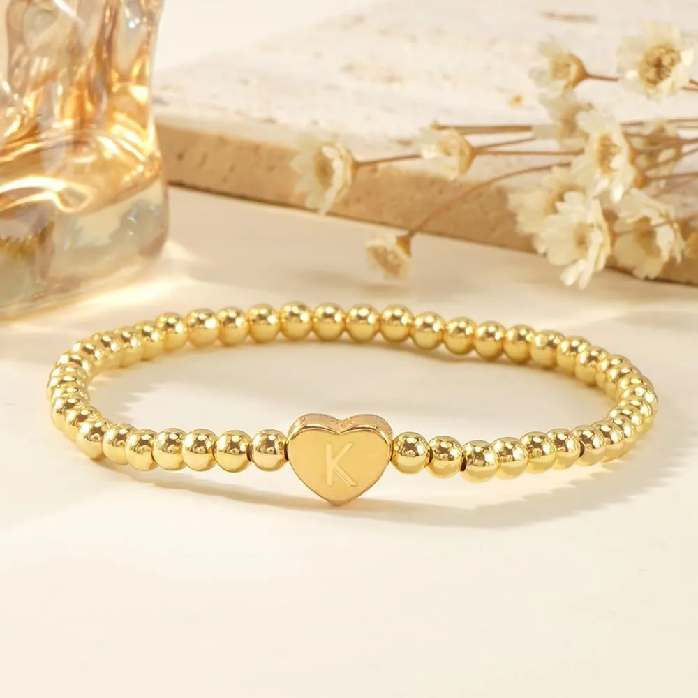 Heart Gold Beaded Initial A-Z Stretch Charm Bracelet for Women,Handamde Gold Letter Bracelet Trendy Birthday Jewelry Gift Friendship