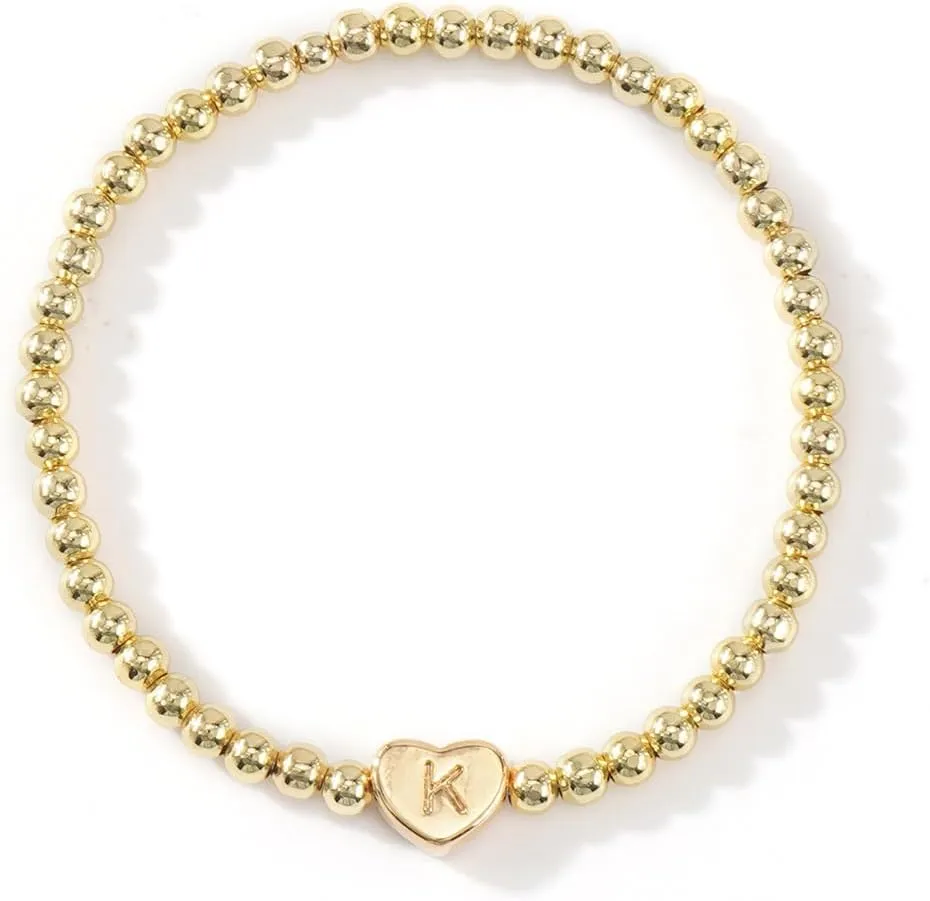 Heart Gold Beaded Initial A-Z Stretch Charm Bracelet for Women,Handamde Gold Letter Bracelet Trendy Birthday Jewelry Gift Friendship