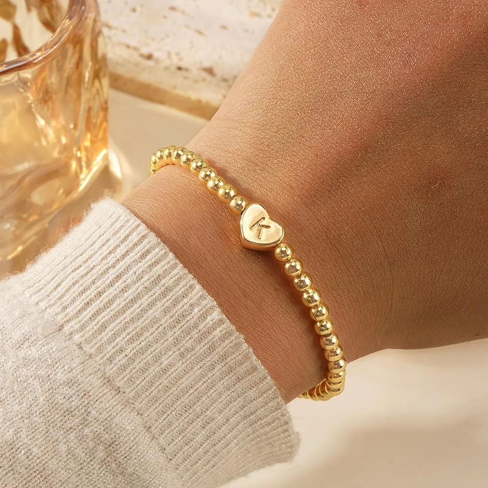 Heart Gold Beaded Initial A-Z Stretch Charm Bracelet for Women,Handamde Gold Letter Bracelet Trendy Birthday Jewelry Gift Friendship