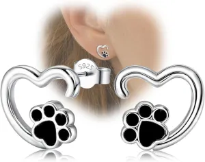 Heart Print Earrings for Women Sterling Silver Cute Pet Puppy Cat Dog Paw Print Stud Earrings Hypoallergenic Small Post Earrings Dainty Lightweight Lovely Earrings for Christmas Birthday