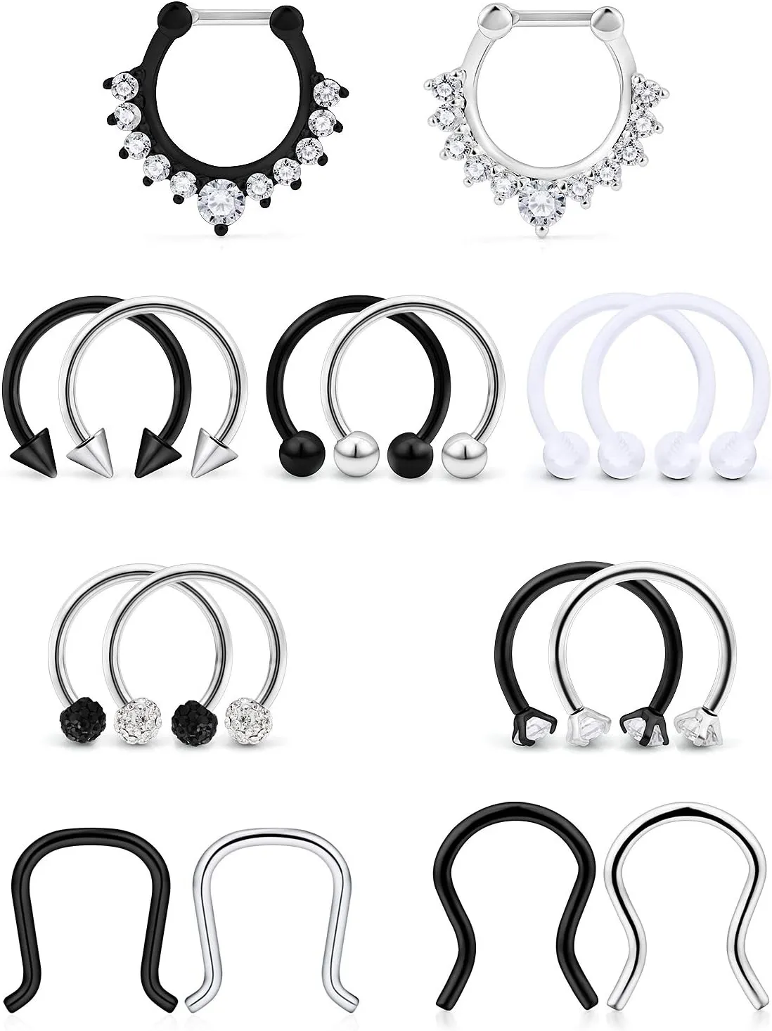 Hoeudjo Septum Clicker Rings 16G Surgical Steel Nose Hoop Rings Retainer Body Piercing Jewelry with Clear CZ Women Men U & D Shaped Daith Helix Tragus Lip Cartilage Earrings 8 Pieces