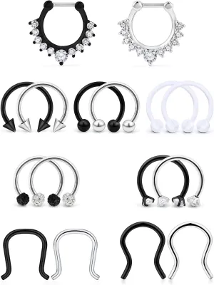 Hoeudjo Septum Clicker Rings 16G Surgical Steel Nose Hoop Rings Retainer Body Piercing Jewelry with Clear CZ Women Men U & D Shaped Daith Helix Tragus Lip Cartilage Earrings 8 Pieces