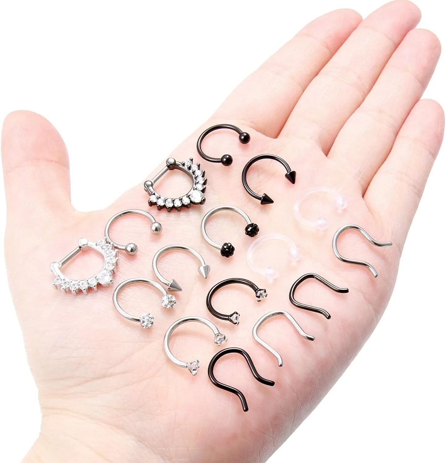 Hoeudjo Septum Clicker Rings 16G Surgical Steel Nose Hoop Rings Retainer Body Piercing Jewelry with Clear CZ Women Men U & D Shaped Daith Helix Tragus Lip Cartilage Earrings 8 Pieces