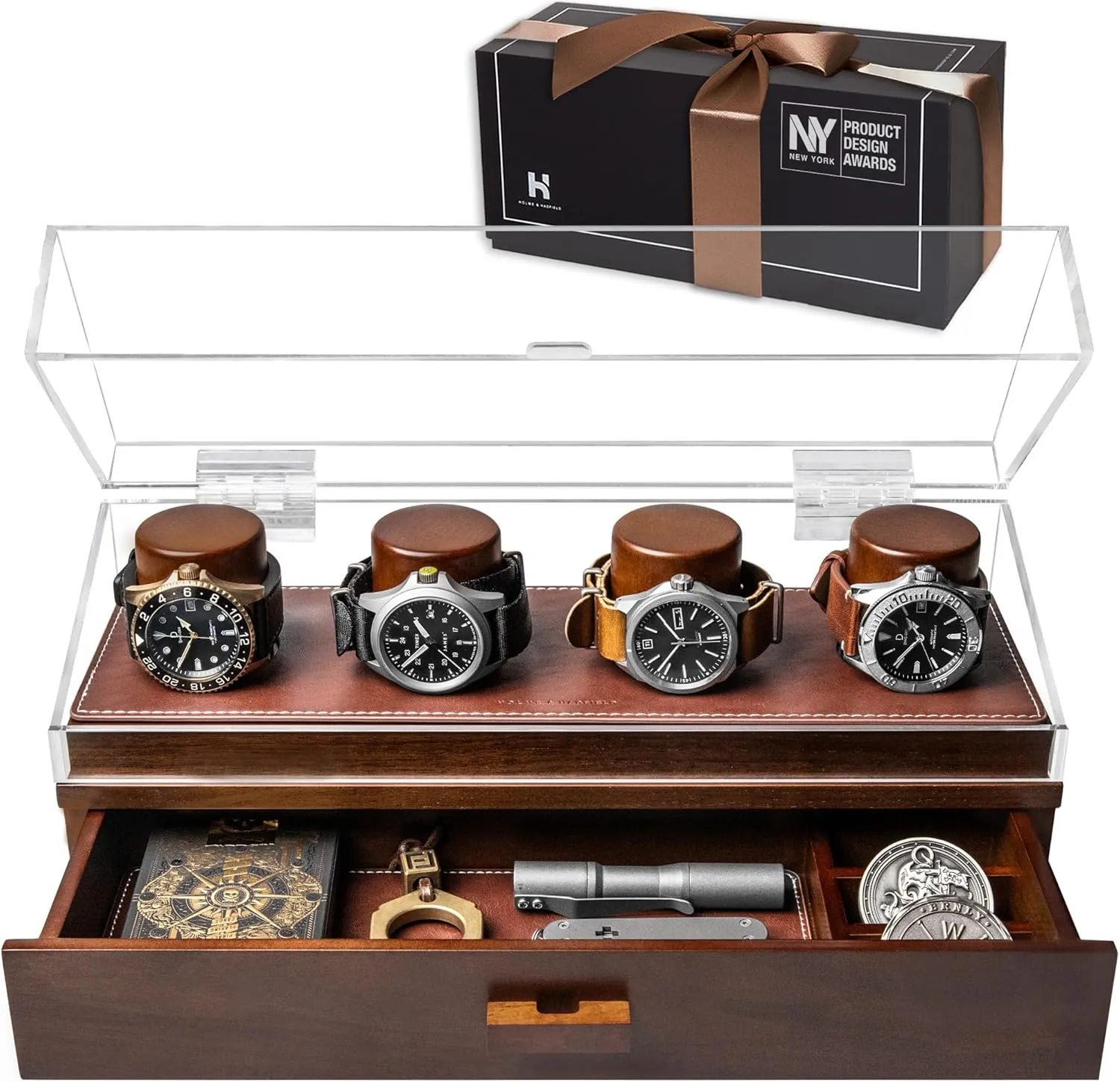 Holme & Hadfield Premium 4-Slot Wooden Watch Display Case  Handcrafted Mens Watch Box with Accessory Drawer, Hinged Cover, Leather Lining  Father's Day Gift for Collectors  Luxury Built to Last