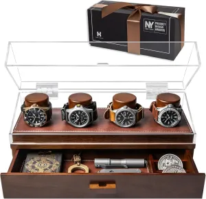 Holme & Hadfield Premium 4-Slot Wooden Watch Display Case  Handcrafted Mens Watch Box with Accessory Drawer, Hinged Cover, Leather Lining  Father's Day Gift for Collectors  Luxury Built to Last