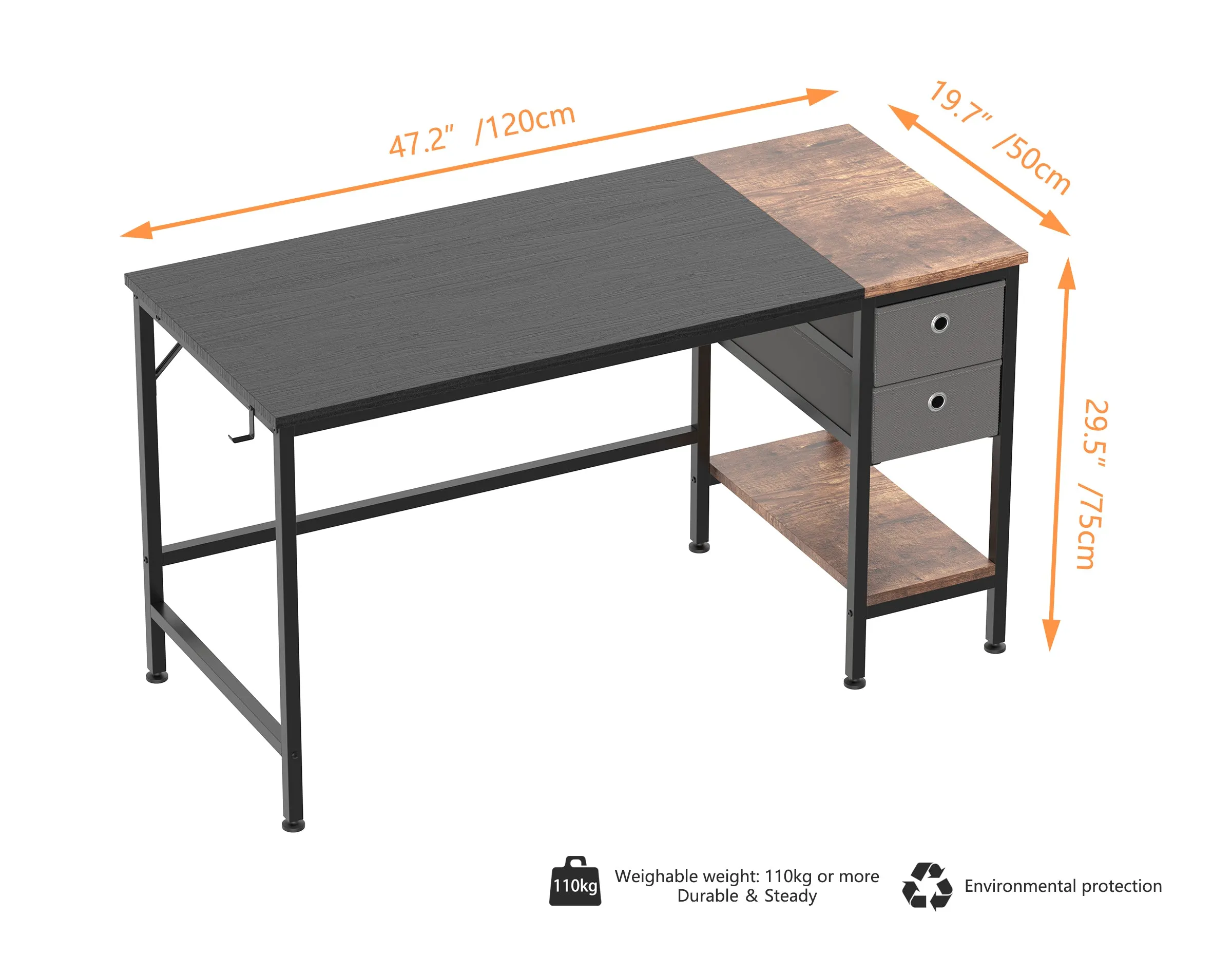 HOMIDEC Computer Desk, Office Work Desk for student and worker, Writing Desk with drawer and Headphone Hook, Laptop Table with shelves, Modern Style Desks for Bedroom, Home, Office(120x50x75cm)