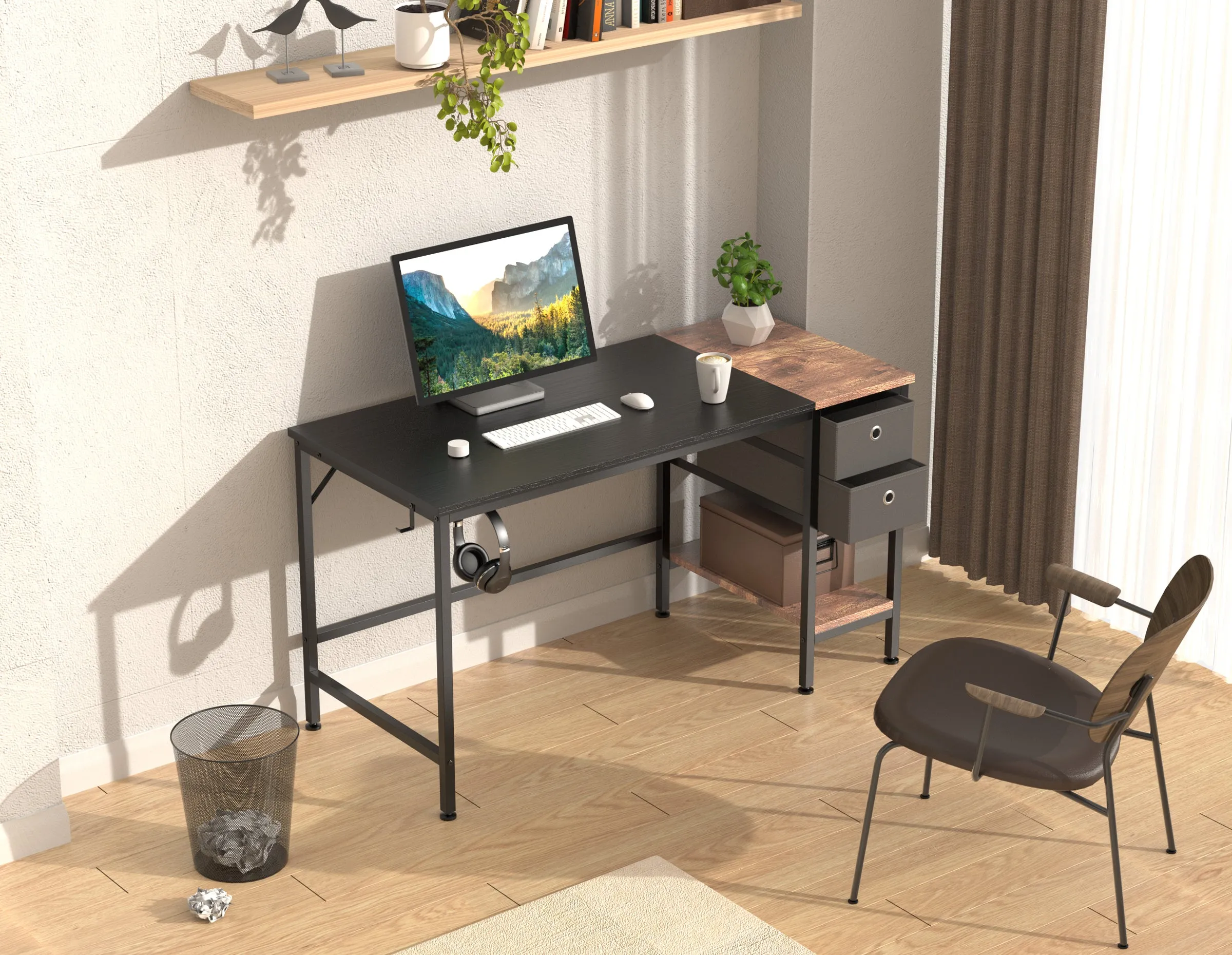 HOMIDEC Computer Desk, Office Work Desk for student and worker, Writing Desk with drawer and Headphone Hook, Laptop Table with shelves, Modern Style Desks for Bedroom, Home, Office(120x50x75cm)