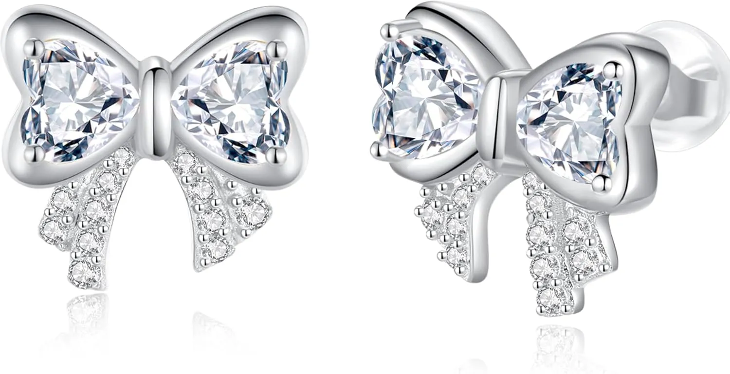 Hypoallergenic Bow Earrings for Women Trendy: 925 Sterling Silver Pearl Earrings White Gold/Gold Cubic Zirconia Earrings Studs for Sensitive Ears Christmas Jewelry
