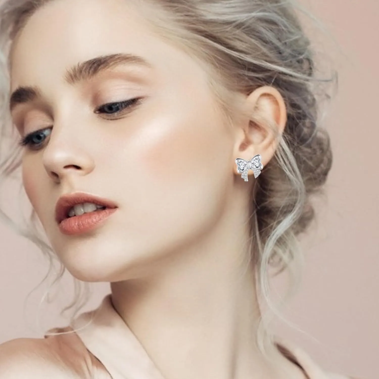 Hypoallergenic Bow Earrings for Women Trendy: 925 Sterling Silver Pearl Earrings White Gold/Gold Cubic Zirconia Earrings Studs for Sensitive Ears Christmas Jewelry