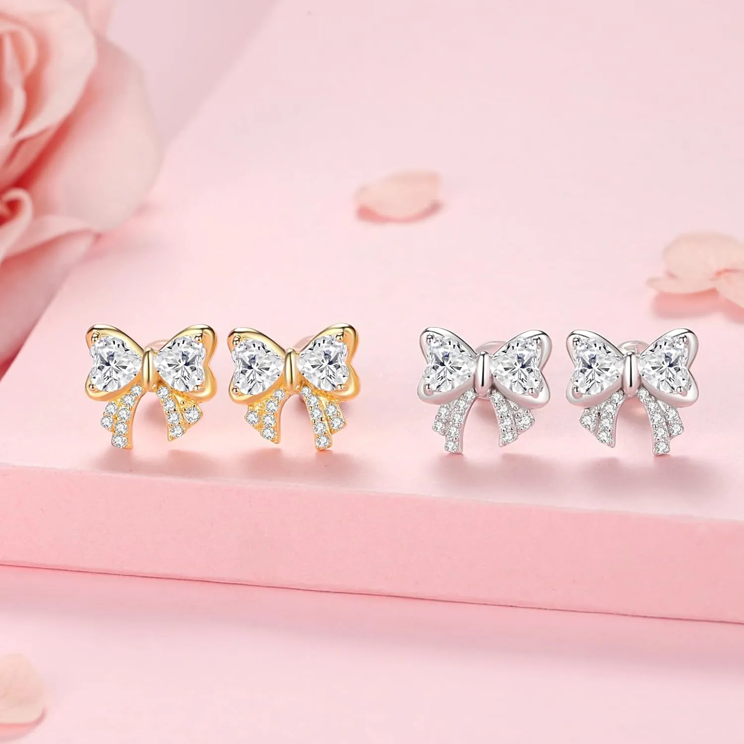Hypoallergenic Bow Earrings for Women Trendy: 925 Sterling Silver Pearl Earrings White Gold/Gold Cubic Zirconia Earrings Studs for Sensitive Ears Christmas Jewelry