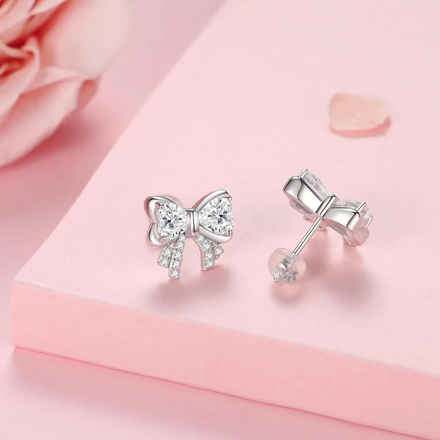Hypoallergenic Bow Earrings for Women Trendy: 925 Sterling Silver Pearl Earrings White Gold/Gold Cubic Zirconia Earrings Studs for Sensitive Ears Christmas Jewelry