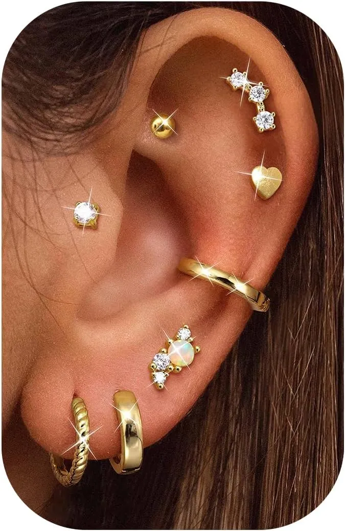 Hypoallergenic Flat Back Earrings 14K Gold Cartilage Earring Sets for Multiple Piercing 20G Surgical Stainless Steel Earrings for Women Trendy Earring Stacks Small Hoop Screw Back Flatback Stud Earrings
